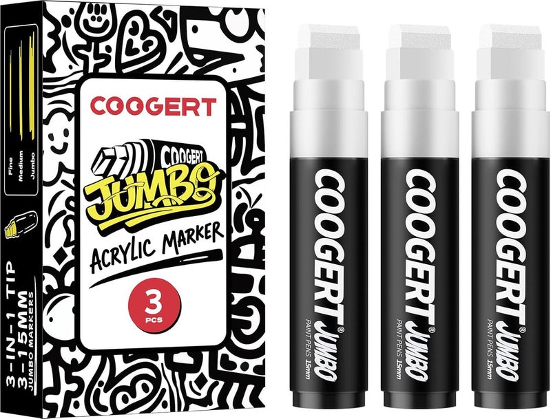 Coogert 3Pcs White Jumbo Poster Markers, 15MM Thick Permanent Acrylic Graffiti Markers, Wide Tip Paint Marker for Canvas, Posters Board, Fabric, Window, Glass, Wood, Teachers,Banner painting supplies - Image 1
